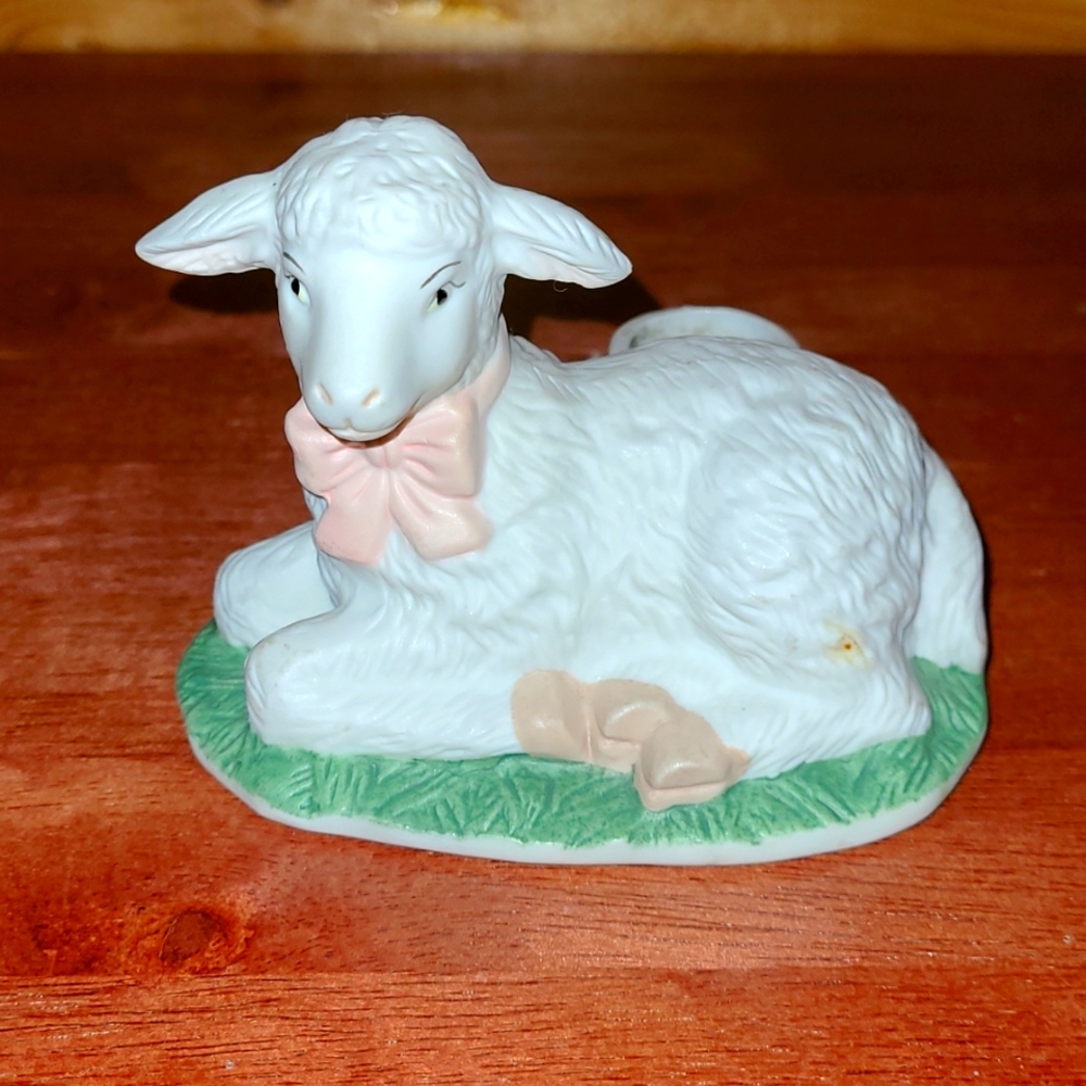 Vintage Lamb with Pink Bow Bisque Ceramic Taper Candle Holder Farmhouse Decor